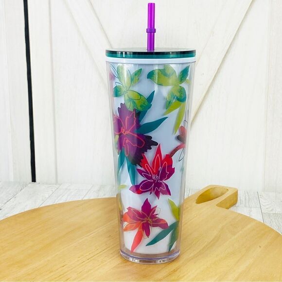 Starbucks Venti Tropical Floral Tumbler Cup Straw Spring 2022 Lavender Green - Picture 3 of 9